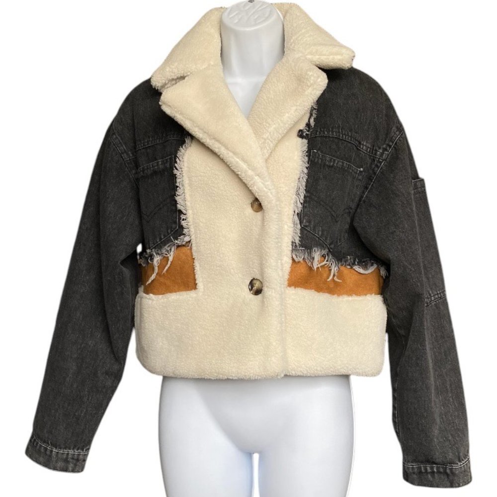 Denim Sherpa Fleece Oversize Teddy Jacket Sz S/M